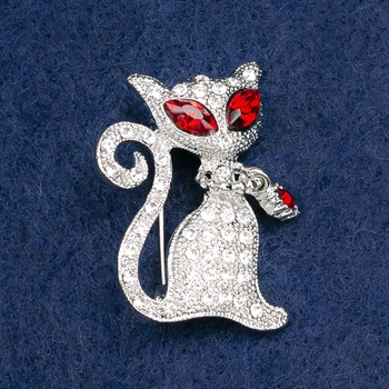 Брошь Котик из белых и красных стразов, серебристый металл 37×26 мм, ida64034