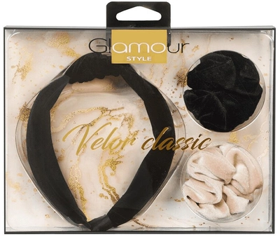 Набір аксесуарів для волосся Glamour Velor Classic обідок для волосся + 2 гумки 3 шт (5902704175617)