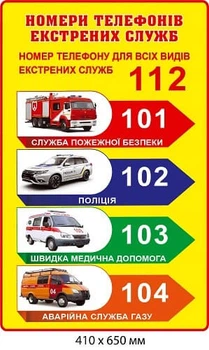 Стенд Номер телефону для всіх видів екстрених служб (фон жовтий) 410х650 мм Д-7547