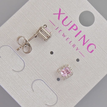 Серьги-пусеты Xuping с розовым кристаллом и белыми стразами, диаметр 6,5х5 мм ± родий, ida57401
