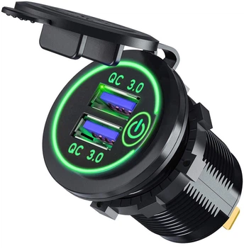 Автомобильная зарядка врезная (встраиваемая) 2 USB 12-24В, QC 3.0 (быстрая зарядка) Зеленая, сенсорная кнопка