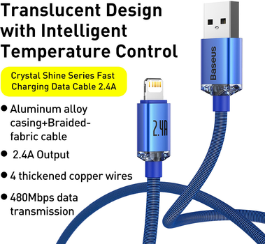 Кабель Baseus Crystal Shine Series Fast Charging Data Cable USB to iP 2.4 A 2 м Blue (CAJY000103)