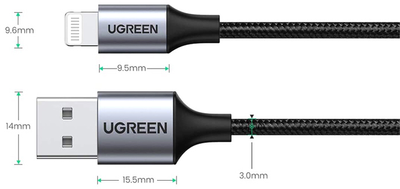 Kabel Ugreen US199 USB 2.0 to Lightning 2.4 A 2 m pleciony Black (6957303861583)