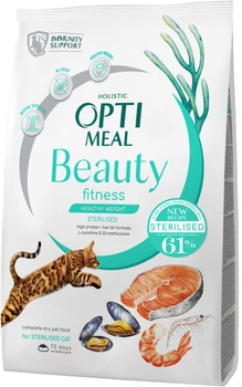 Беззерновой полнорационный сухой корм Optimeal Beauty Fitness для стерилизованных кошек и кастрированных кошек, формула на основе морепродуктов 1.5 кг (4820215369848)