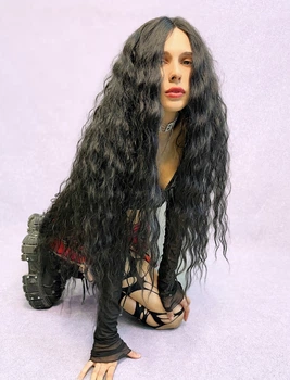 Парик на сетке Lace Wig Богемия тон 1B длинный черный мягкий, 100 см, термостойкое волокно