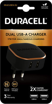 Мережевий зарядний пристрій Duracell 17 Вт 2 x USB Type-A Black-Copper (DRACUSB14-EU)
