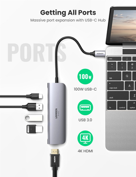 USB-хаб Ugreen CM136 USB Type-C Multifunction Adapter to 3xUSB 3.0+HDMI+PD Space Gray (6957303874958)