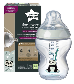 Пляшечка для годування Tommee Tippee Closer To Nature з силіконовою соскою 0 м+ Панда 260 мл (5010415225023)