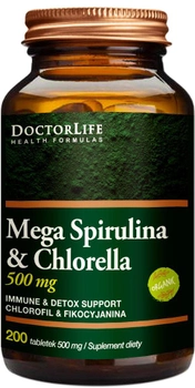 Харчова добавка Doctor Life Mega Спіруліна та хлорела 500 мг 200 таблеток (5906874819005)