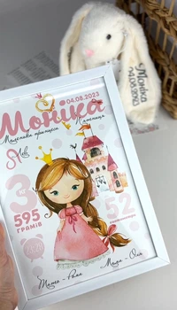 Подарунковий іменний набір на народження дитинки Зайчик 28 см та Метрика в рамці А4 HeyBaby