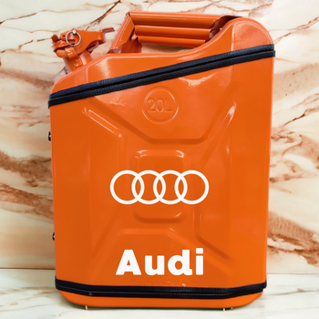 Подарочный набор для мужчин Канистра бар 20 л оранжевая с логотипом Audi + посуда в мини бар