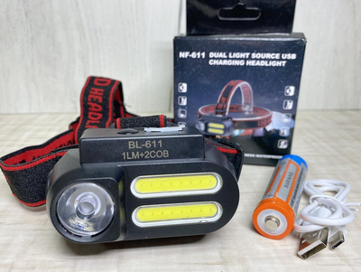 Маленький налобный фонарик BL-611-1LM+2COB, от USB, аккумулятор 18650