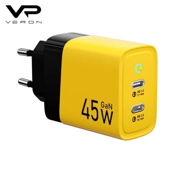 Мережевий зарядний пристрій Veron TC-45 (45W/GaN/2 PD) Жовтий