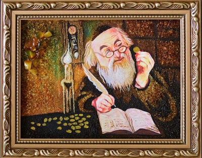 Картина "Еврей с монетами за столом" из янтаря 30х40
