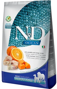 Беззерновой сухой корм Farmina N&D Grain Free OCEAN PUMPKIN для собак средних и больших пород с треской и апельсином 12 кг (8010276036568)