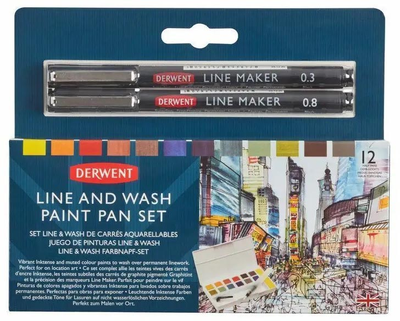 Zestaw farb akwarelowych Derwent Line and Wash Paint Pan z akcesoriami 12 kolorów (5028252620352)