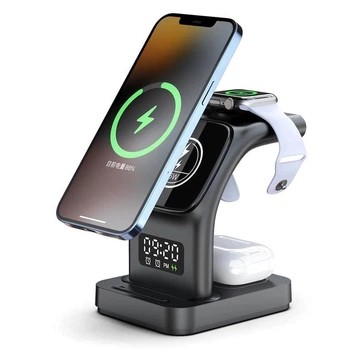 Беспроводная зарядная док-станция Earldom ET-WC37 с часами и подсветкой для iPhone 12-15/AirPods/Apple Watch 15W