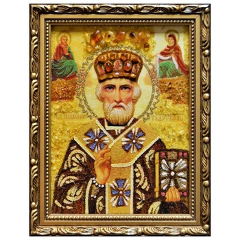Икона "Святой Николай Чудотворец" в митре янтарная 15х20