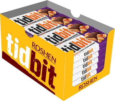 Упаковка батончиків Roshen Tidbit нуга, м'яка карамель та арахіс 50 г х 28 шт