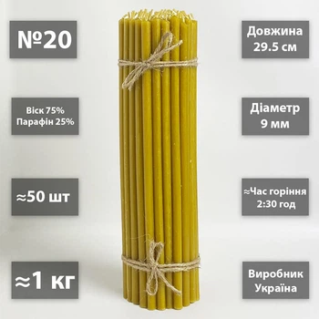Церковные свечи восковые 75% №20 / 29.5см / 1кг / 50шт