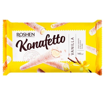 Упаковка вафельних трубочок Roshen Konafetto з ванільною начинкою 140 г х 15 шт