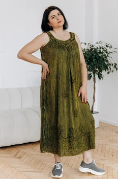 Літній сарафан вільного крою FREE SIZE (на ОГ 100-108 см) кольору хакі з вишивкою спереду №565