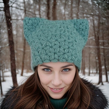 В'язана жіноча шапка - кішка, HandMade модна шапка з вушками на кожен день - темна бірюза від PRIGRIZ, 50-58 см