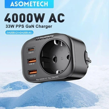 Зарядний пристрій Asometech 4 в 1 на 1 USB-C -33W и 2 USB-A-30W з розеткою чорний