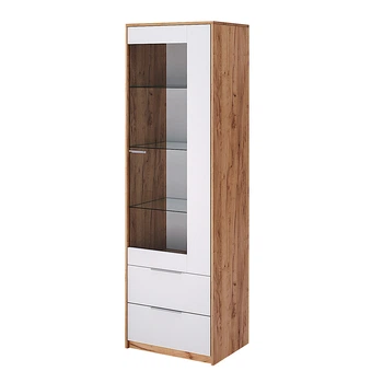 Стильная стеклянная пенал витрина для посуды в гостиную зал в современном стиле Асти Миро-Марк дуб крафт/белый глянец 59х45х192 см
