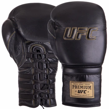 Перчатки боксерские кожаные на шнуровке UFC PRO Prem Lace Up Black (размер 18oz, черный) (UHK-75047)