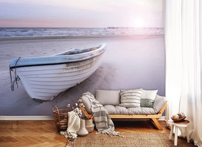 Летние флизелиновые фотообои море 3D 368 x 280 см Лодка на пляже (13050V10)+клей