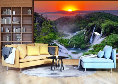 Флизелиновые фотообои 3D Ландшафт Закат Амазонка Джунгли Природа - Водопад под красочным закатом (13055V)+клей