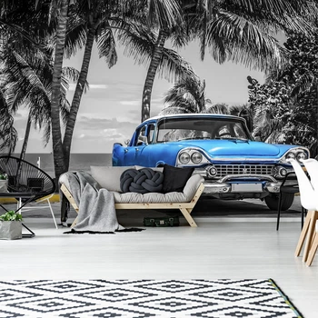 3D Флизелиновые фотообои на стену автомобили 312 x 219 см Транспорт - Старая голубая машина на стоянке+клей
