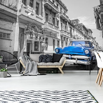 3D Ретро флизелиновые фотообои на стену 368 x 280 см Транспорт - Старая голубая машина (13333V10)+клей