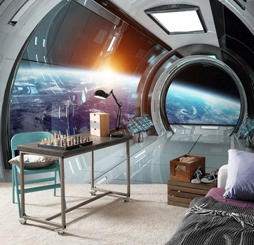 Темный космос 3D фото обои 254x184 см Галактика Станция Земля Вселенная (14136P4)+клей