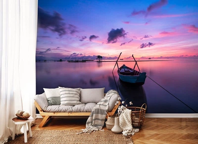 Пейзаж флизелиновые фотообои 3D Природа Ландшафт Озеро Лодка на закате (12995V)+клей