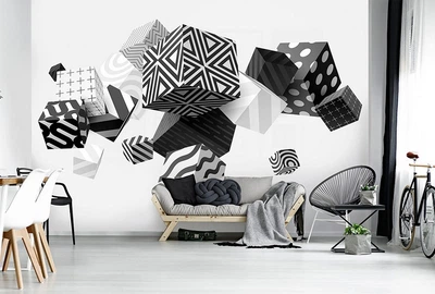 Флизелиновые фотообои абстракция 312x219 см Геометрия 3D Черно-белые кубики в невесомости (11906VEXXL) +клей