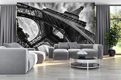 Флизелиновые фотообои на кухню с перспективой 254x184 см 3D Черно-белая Эйфелева башня вид снизу (12672V4)+клей