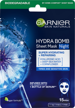 Nawilżająca maska na tkaninie Garnier Skin Naturals Hydra Bomb na noc do skóry twarzy z oznakami zmęczenia 28 g (3600542385657)
