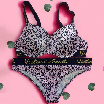 Женский комплект белья с формованной чашкой PUSH UP Victoria`s Secret 001k 85B Розовый леопард