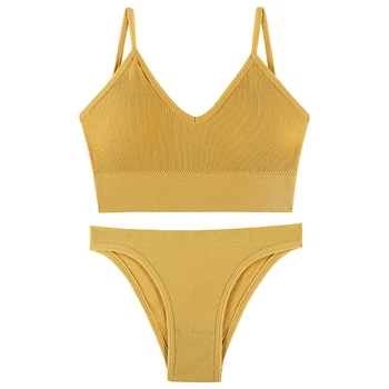Комплект нижнего белья в рубчик топ бюстгальтер трусики Honey Fashion Accessories S/M желтый (2-185)