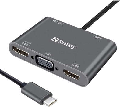 Hub USB Sandberg USB-C to 2xHDMI, VGA, USB-A, USB-C PD Grey (5705730136351)