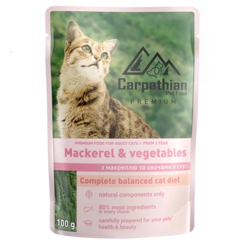 Влажный корм Carpathian Pet Food "Mackerel & vegetables" для кошек с макрелью и овощами в соусе 100г*24шт