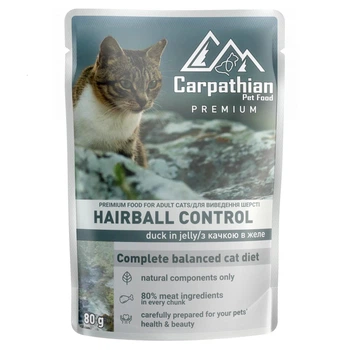 Вологий корм Carpathian Pet Food Hairball Control для котів з качкою в желе 80г*24шт