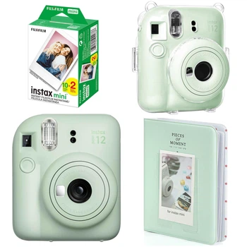 Набор камера моментальной печати Fujifilm Instax Mini 12 Mint Green / Чехол прозрачный / Фотобумагой на 20 снимков / Фотоальбом зеленый на 64 снимка