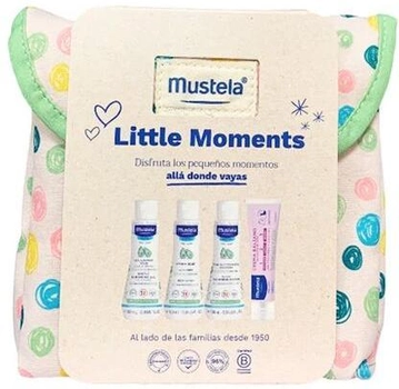 Набір Mustela Little Moments крем - лосьйон 50 мл + очищувальна вода 100 мл + гель для ванни 100 мл + молочко для тіла hydra baby 100 мл + косметичка polka dots (8436034154020)