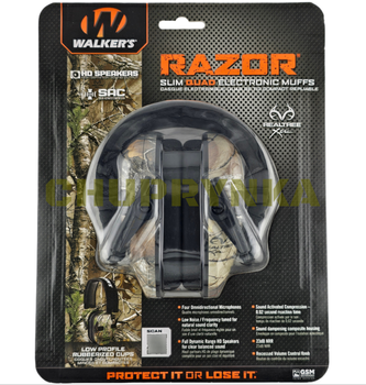 Активні тактичні навушники Walker's Razor Slim Quad з чотирма мікрофонами в лісовому камуфляжі