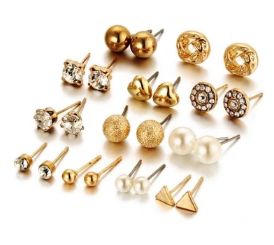 Бижутерные серьги 2048 набор 12 пар золотые гвоздики Fashion Jewelry gold