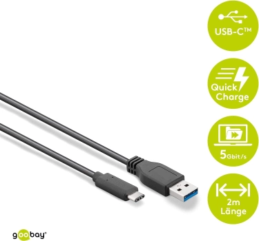 Kabel USB-C na USB A 3.0 Goobay 71221 2 m Czarny (4040849712210)