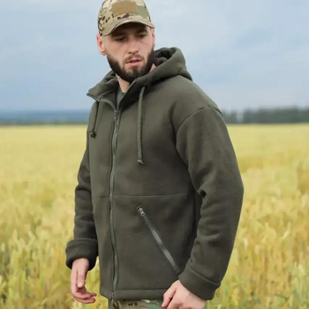 Куртка тактическая с капюшоном мужская из плотного флиса и шерпа плотностью 550г/м2 Grizli Олива 52